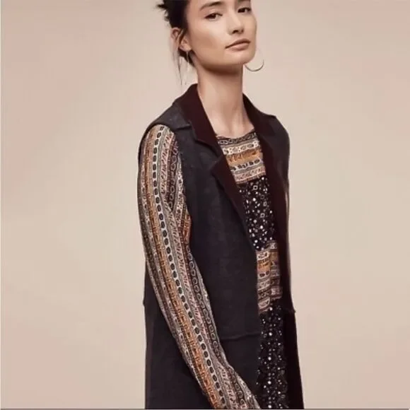 Anthropologie Moth Morris Gray Pockets Open Style Duster Vest Minimalist Boho - Picture 2 of 15